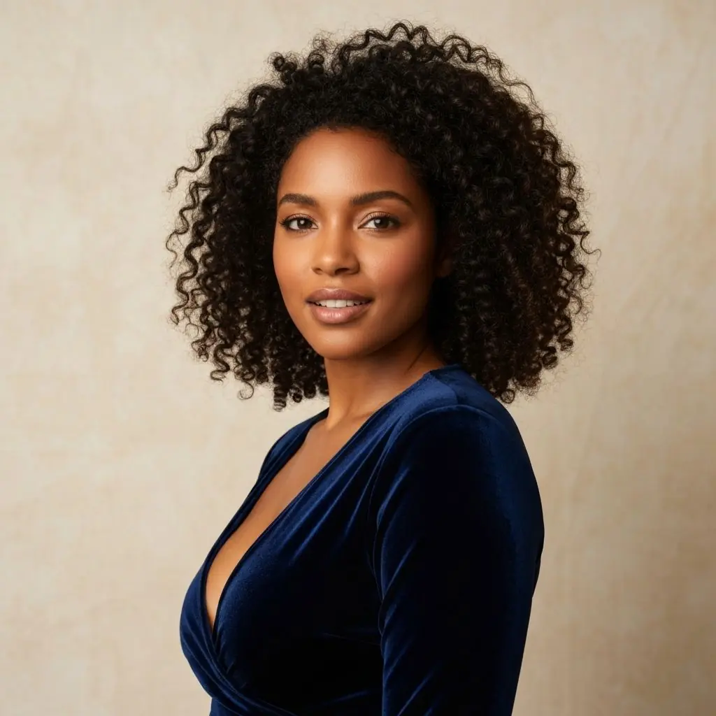 Femme à la peau noire confiante avec les bras levés et un teint lumineux